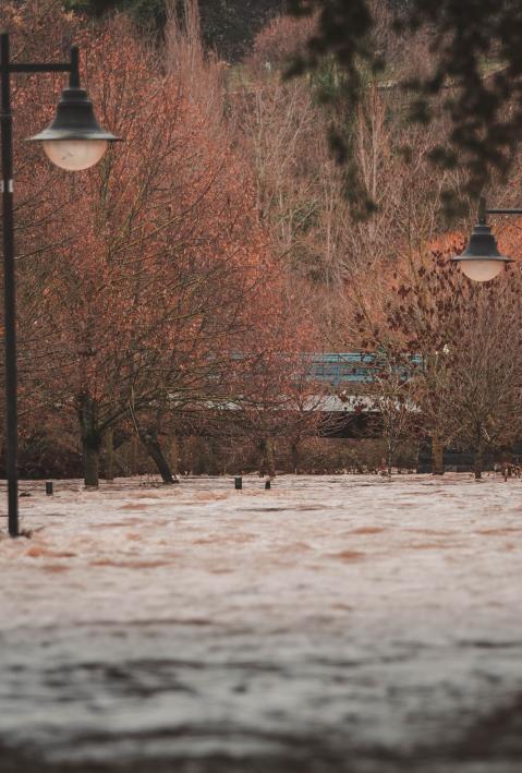 &Uuml;berschwemmte Alle mit Stra&szlig;enlaternen. 